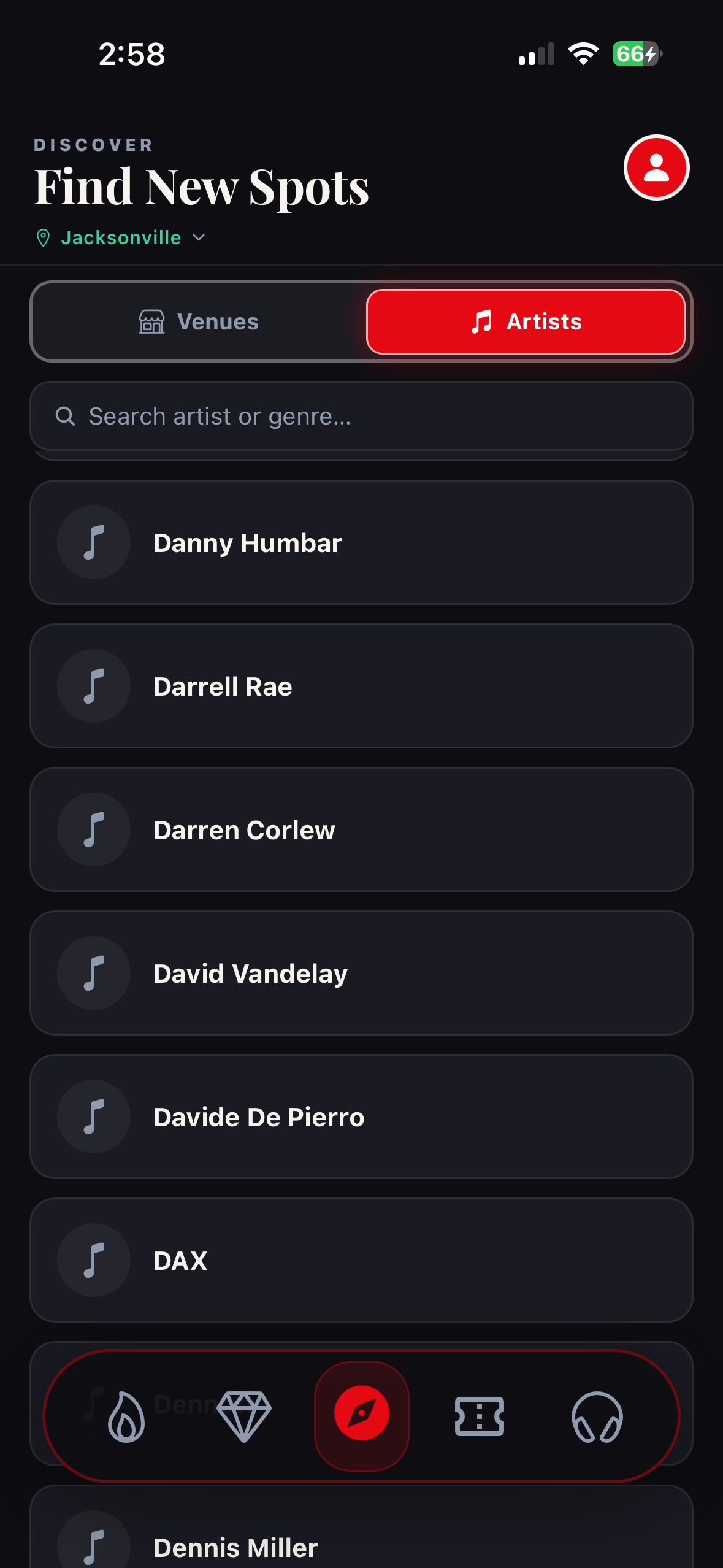 Livedrp Discover screen on the Artists tab, searching artists and genres in Jacksonville.