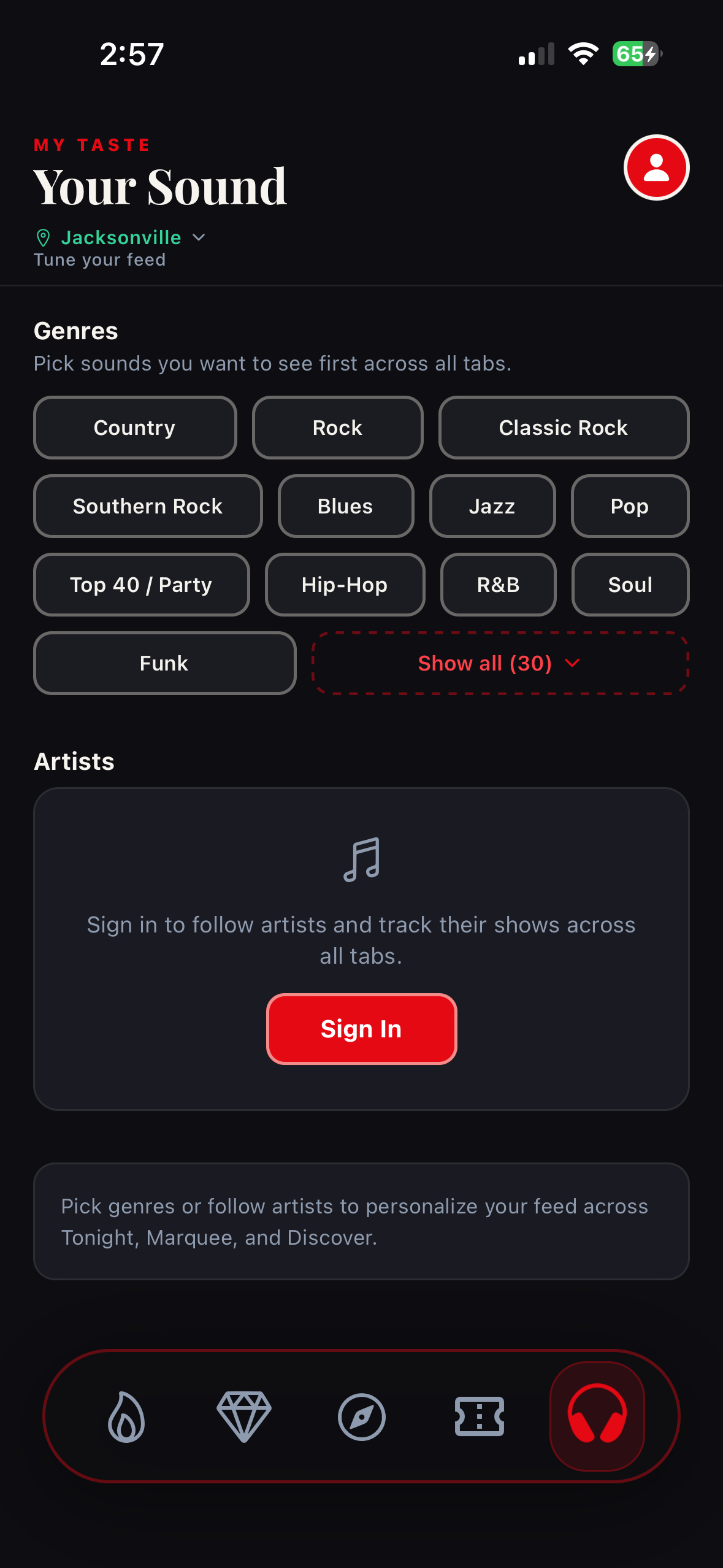 Livedrp My Taste screen showing 30 genres to choose from and artists to follow, tuning the feed across Tonight, Marquee and Discover.