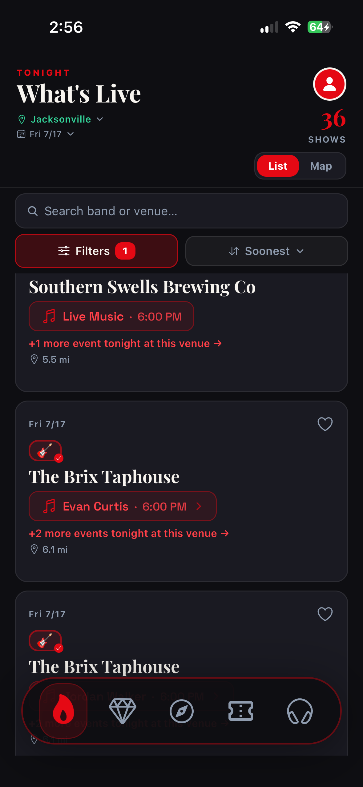 Livedrp Tonight screen showing 36 shows in Jacksonville, including Southern Swells Brewing Co and The Brix Taphouse with set times and distance.