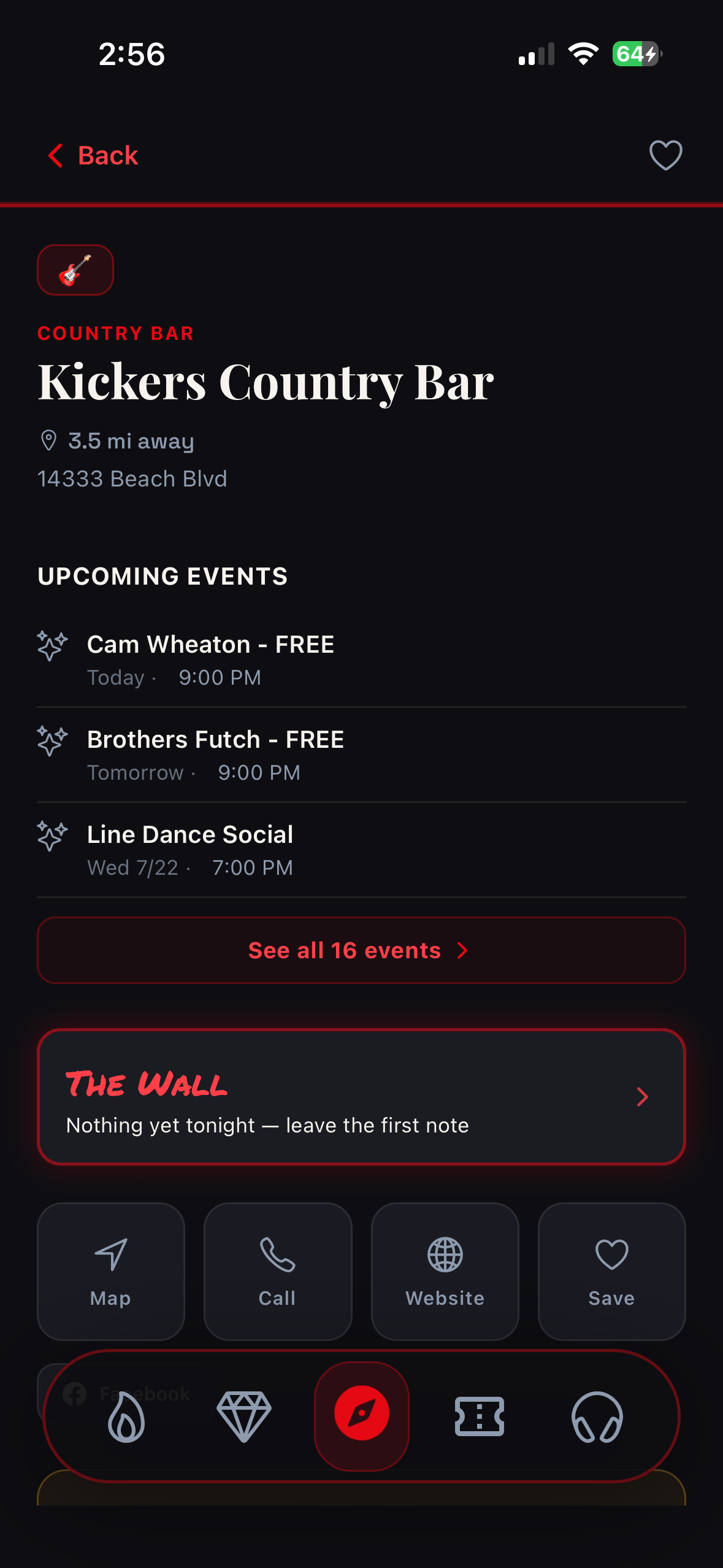 Livedrp venue page for Kickers Country Bar on Beach Blvd, listing upcoming events, showtimes, and links to map, phone and website.